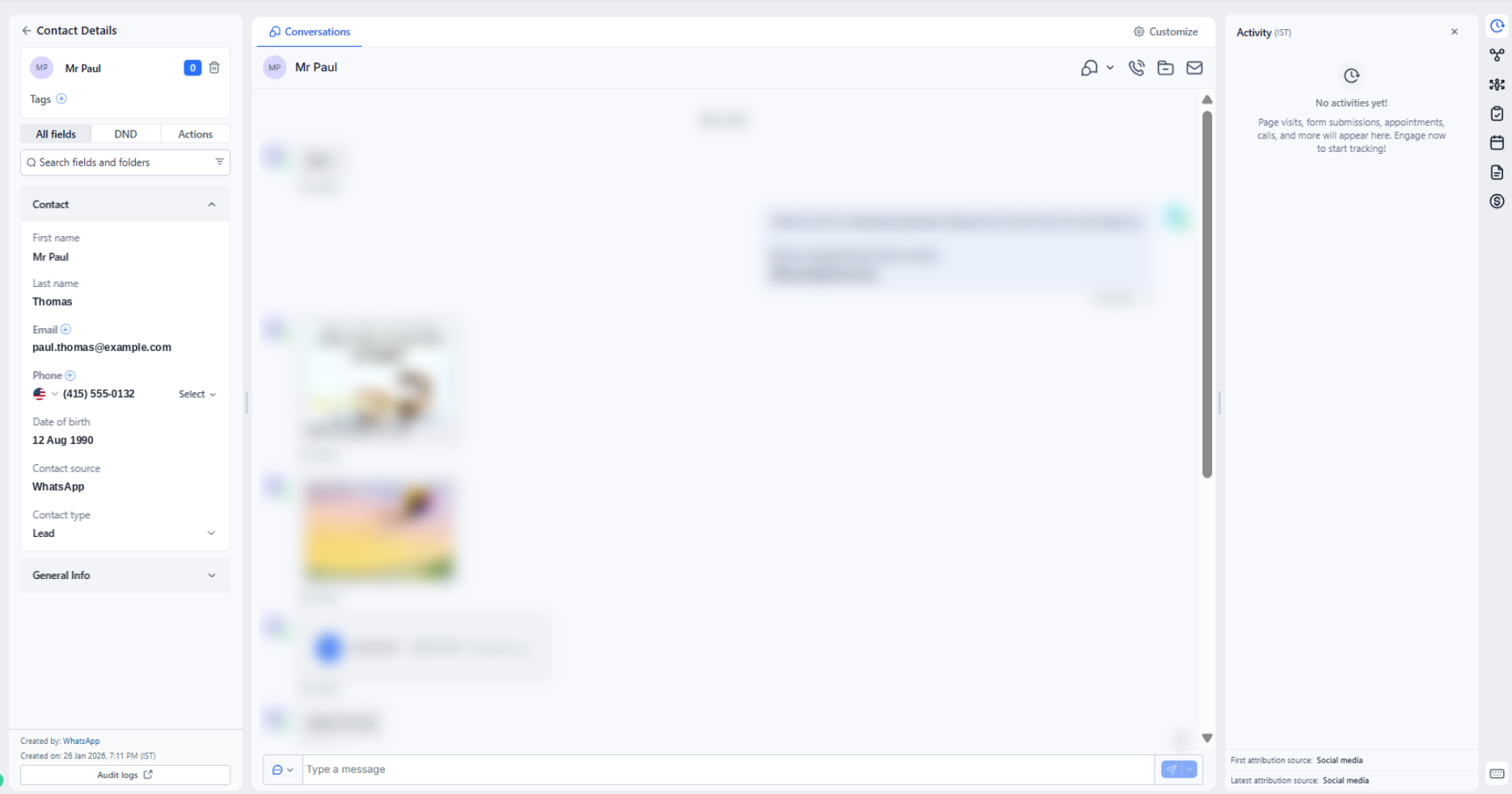 A contact record in the CRM: contact details and fields, the conversation thread and the activity timeline